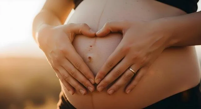 Hands forming a heart on a pregnant belly